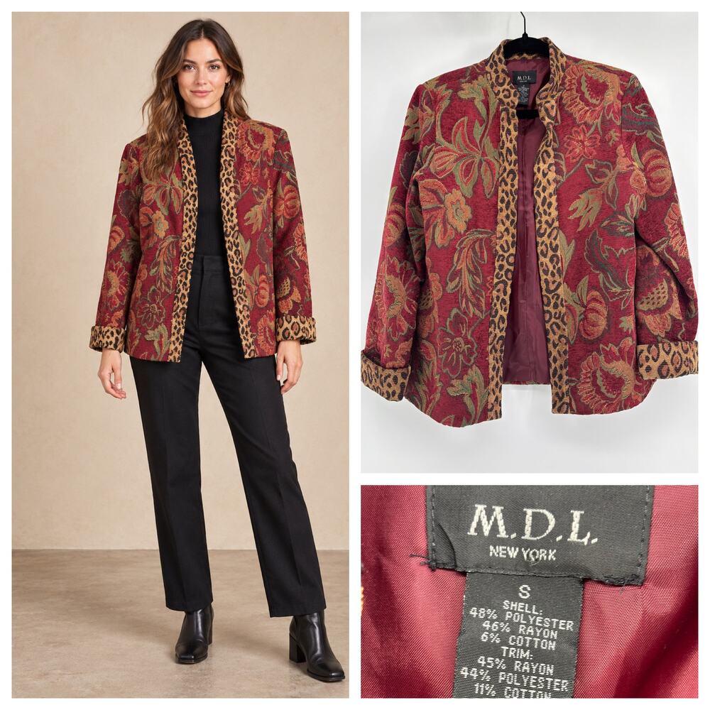Vintage 90s MDL Tapestry Jacket Size Small Leopard Pumpkin Fall Harvest Artsy